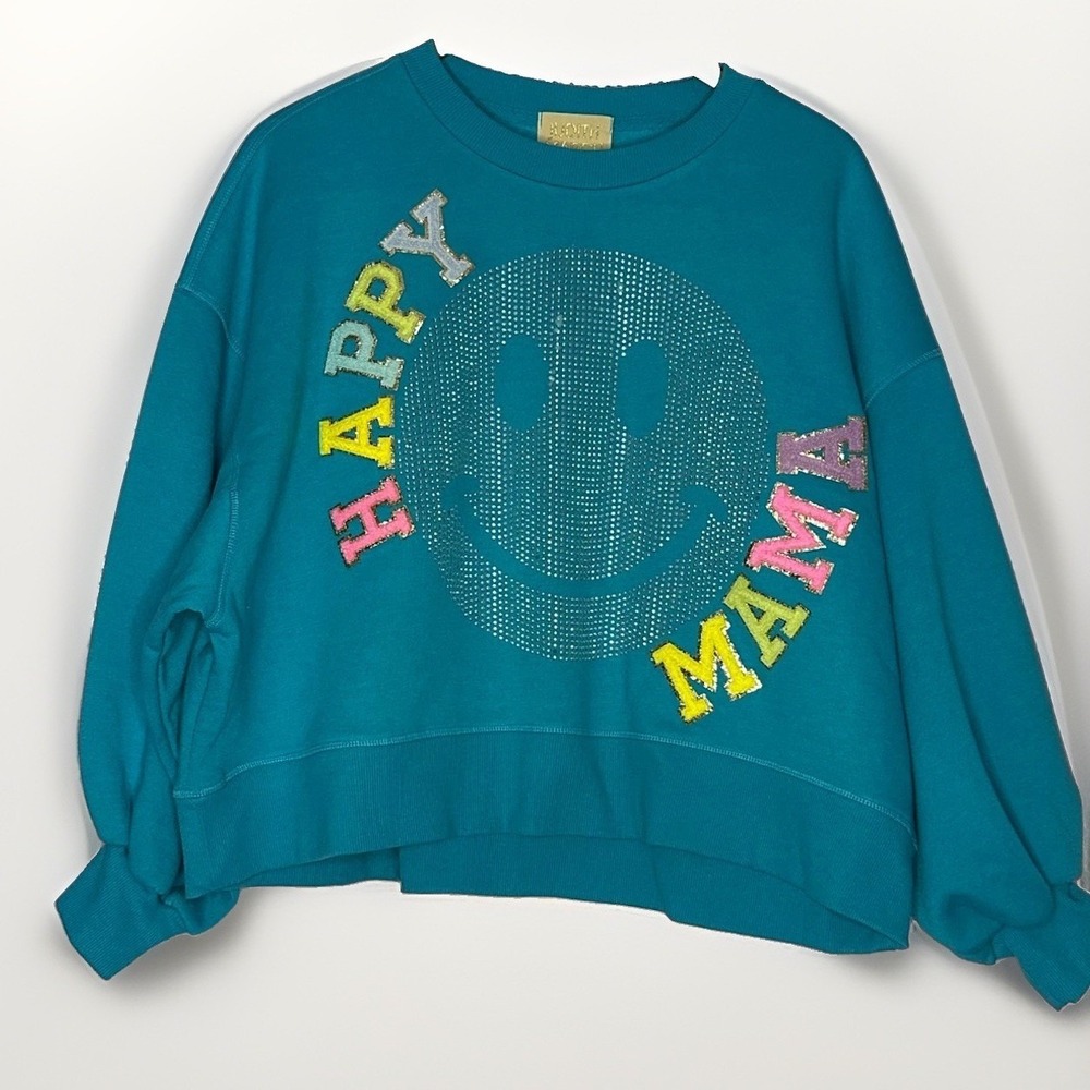 Judith March Happy Mama Rhinestone Smiley Sweatshirt M Teal‎ Cropped